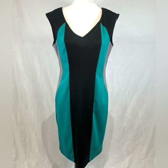 eci black turquoise and gray form flattering sheath dress size 8 - Picture 1 of 5